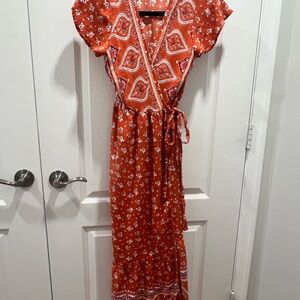 Orange Floral Wrap Dress